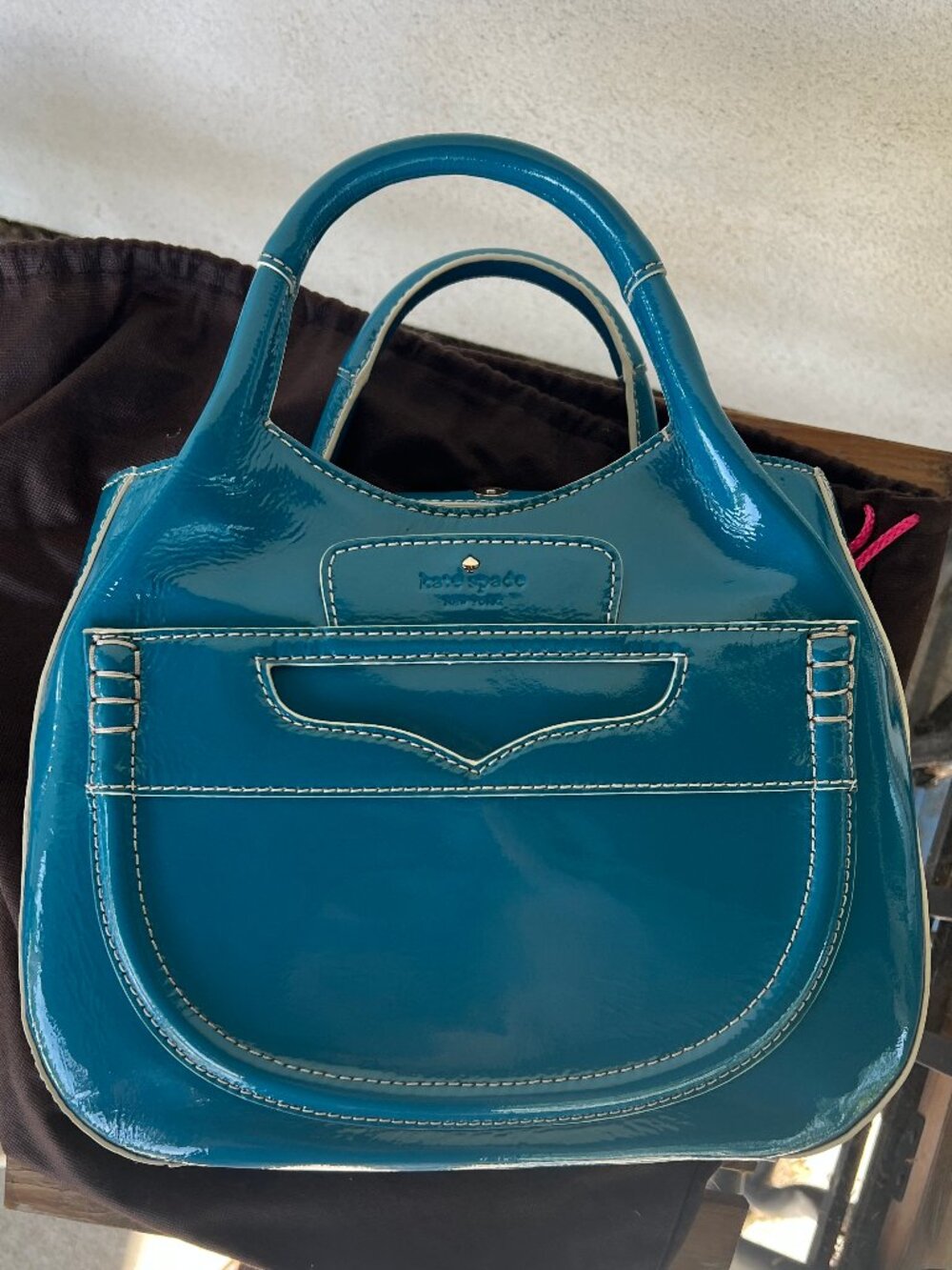 Unused Kate Spade Teal Patent Leather Satchel Bag Structured White Stitching